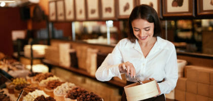 Allergen Free Chocolate Shopping in a store with a woman attendant